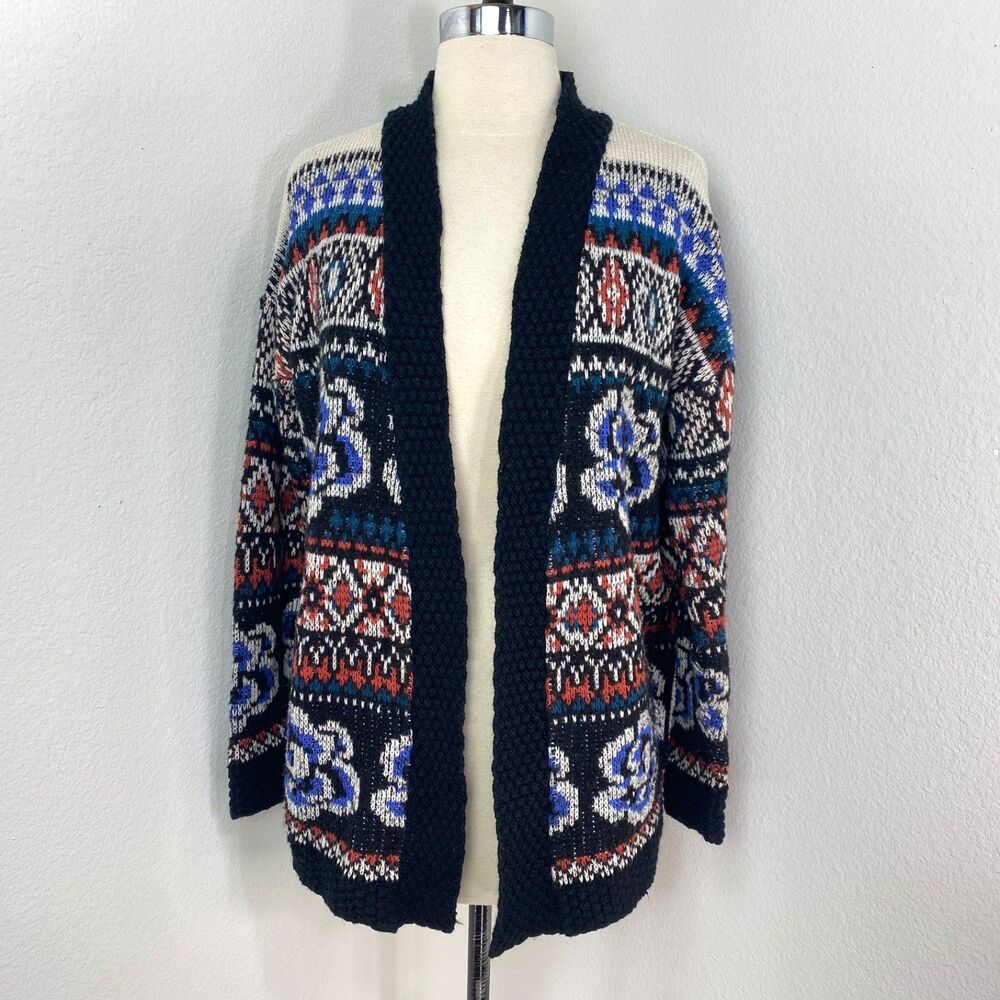 Ecote Knit Cardigan Sweater XS Fair Isle Rose Open Front Boho Peasant Academia